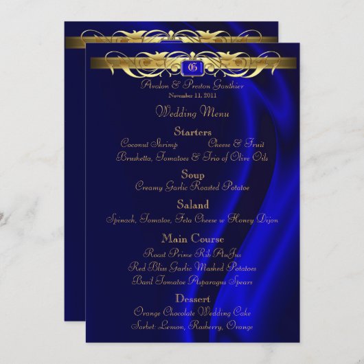 Marquis-blaues Silk Goldrolle-Hochzeits-Menü Menükarte (Vorne/Hinten)