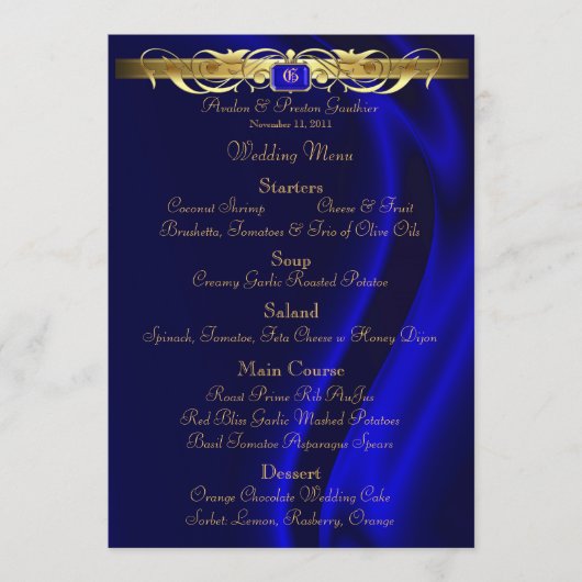 Marquis-blaues Silk Goldrolle-Hochzeits-Menü Menükarte (Vorderseite)