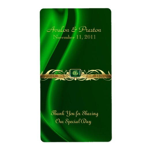 Marquis Green Silk Gold Scroll Wine Wedding Label (Vorne)