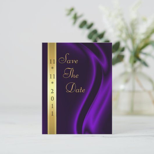 Marquis Lila Silk Gold Save the Date Postkarte (Stehend Vorderseite)