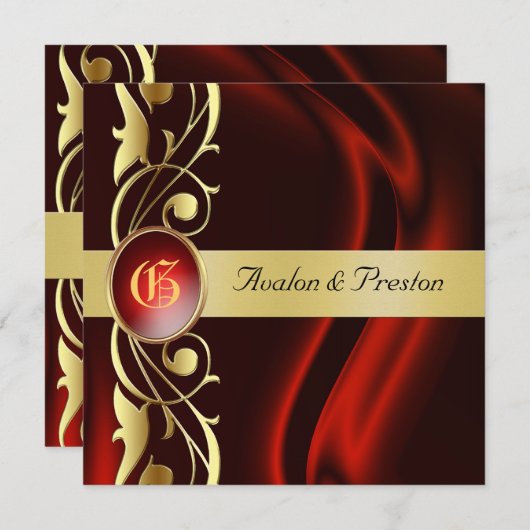 Marquis Red Silk Gold Scroll Ruby Einladung (Vorne/Hinten)