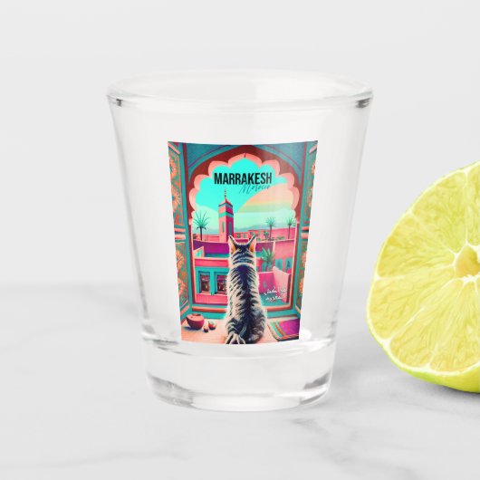 Marrakech Marokko Katze Reisen Tourismus Souvenir Schnapsglas (Vorderseite)