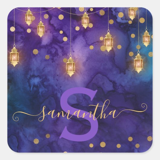 Marrakesch Midnight Lanterns & Gold Bokeh Monogram Quadratischer Aufkleber (Vorderseite)