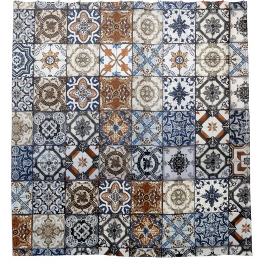 Marrakesch Tile Muster Blau Brown Duschvorhang (Vorderseite)