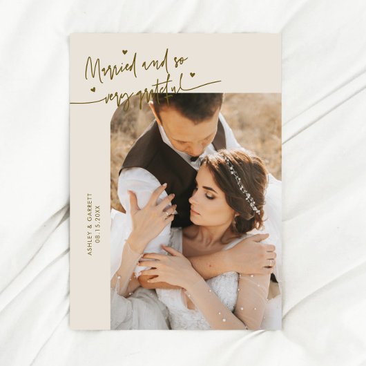 Married and Grateful Wedding Photo Cream Dankeskarte