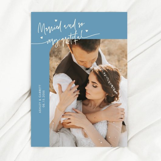 Married and Grateful Wedding Photo Denim Blue Dankeskarte