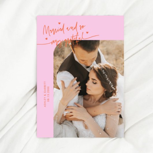 Married and Grateful Wedding Photo Orange Pink Dankeskarte