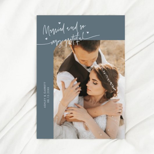 Married and Grateful Wedding Photo Slate Blue Dankeskarte