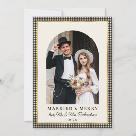 Married and Merry Arch Photo Black Gold Plaid Feiertagskarte