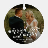 Married and Merry Script Wedding Foto von Christma Ornament Aus Metall (Rückseite)