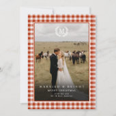 "Married & Bright" Gingham Monogram Crest 2 Photo Dankeskarte (Vorderseite)