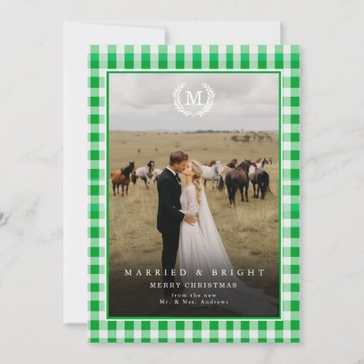 "Married & Bright" Gingham Monogram Crest 2 Photo Dankeskarte (Vorderseite)