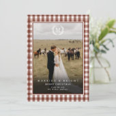 "Married & Bright" Gingham Monogram Crest 2 Photo Dankeskarte (Stehend Vorderseite)