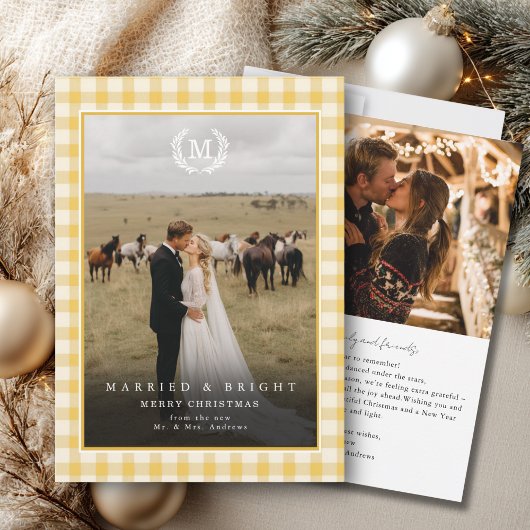 "Married & Bright" Gingham Monogram Crest 2 Photo Dankeskarte