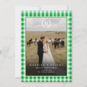 "Married & Bright" Gingham-Monogrammwappen 2 Fotos Dankeskarte (Vorderseite)