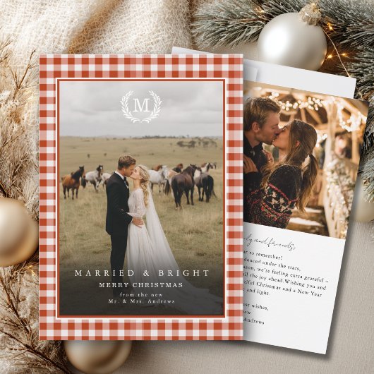 "Married & Bright" Gingham-Monogrammwappen 2 Fotos Dankeskarte