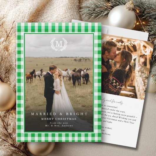 "Married & Bright" Gingham-Monogrammwappen 2 Fotos Dankeskarte
