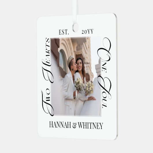 Married Couples Photo Two Hearts One Soul Keepsake Ornament Aus Metall (Vorderseite links)