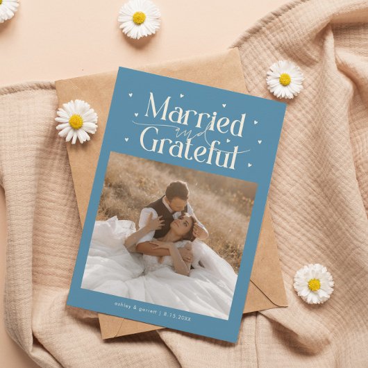 Married & Grateful Wedding Photo Denim Blue Dankeskarte