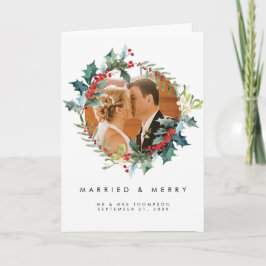 married & merry christmas holly photo card dankeskarte