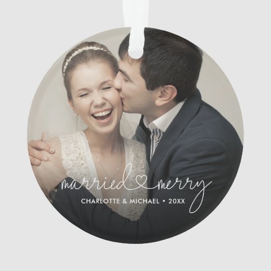 Married & Merry Heart Script Modern Custom Wedding Ornament (Rückseite)