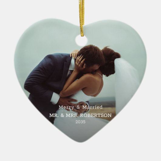 Married & Merry Modern Photo Typography Elegant Keramik Ornament (Vorne)