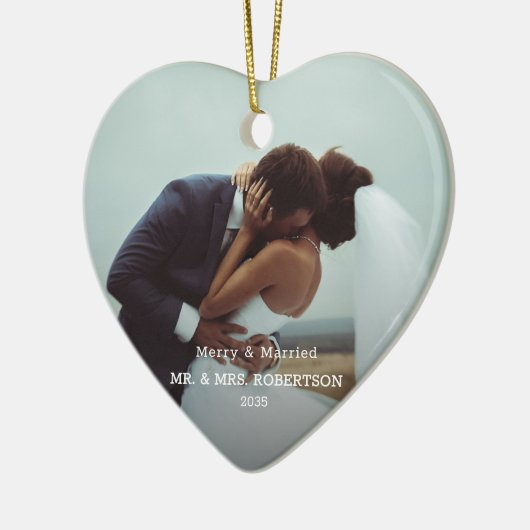 Married & Merry Modern Photo Typography Elegant Keramik Ornament (Links)