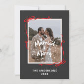 Married Merry Red Bows 2 Photos Wedding Christmas Dankeskarte (Vorderseite)
