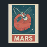 Mars Retro Galaxy Satellite Postkarte<br><div class="desc">Eine Retro-Abbildung von Mars mit einem Satelliten.</div>