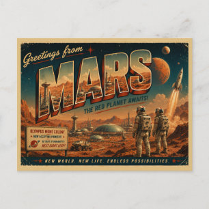 Mars Retro Sci-Fi Postkarte   Vintage roter Planet