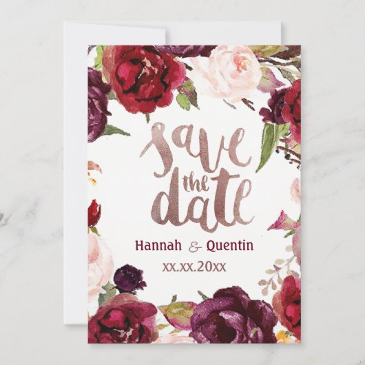 Marsala Aquarell Blume Romantische Kalligraphie Save The Date (Vorderseite)
