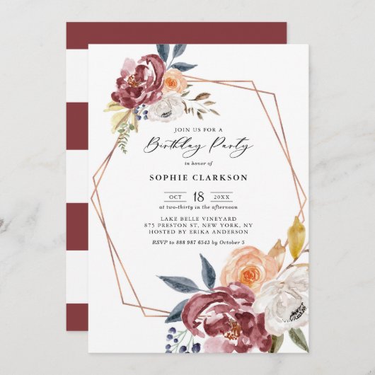 Marsala Autumn Blume Geometric Birthday Party Einladung (Vorne/Hinten)