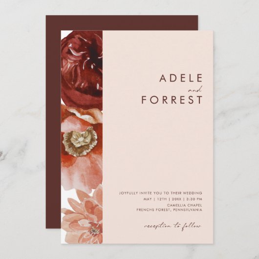 Marsala Autumn Floral | Blush All in one wedding Einladung (Vorne/Hinten)