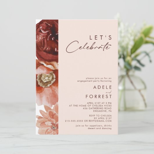 Marsala Autumn Floral | Blush Let's Celebrate Einladung (Stehend Vorderseite)