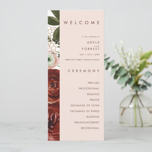 Marsala Autumn Floral | Blush Wedding Program Programm (Stehend Vorderseite)
