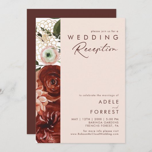 Marsala Autumn Floral | Blush Wedding Reception Einladung (Vorne/Hinten)