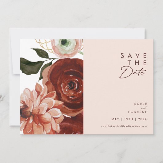 Marsala Autumn Floral | Horizontal blush Save The Date (Vorderseite)