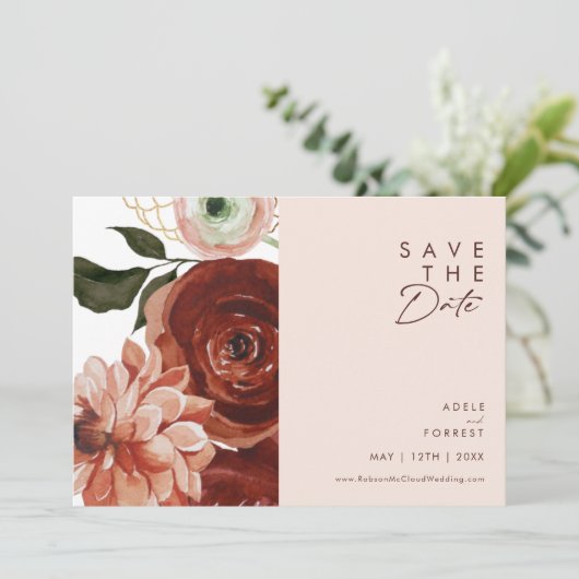 Marsala Autumn Floral | Horizontal blush Save The Date (Stehend Vorderseite)