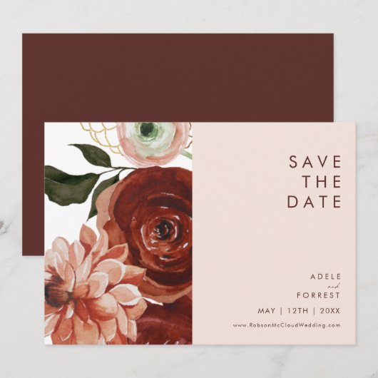 Marsala Autumn Floral | Horizontal rot Save The Date (Vorne/Hinten)