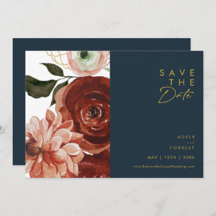 Marsala Autumn Floral   Marine Horizontal Save The Date