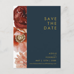 Marsala Autumn Floral Navy Save the Date Postcard Einladungspostkarte