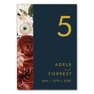 Marsala Autumn Floral   Tischnummer der Marine