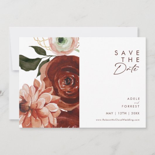Marsala Autumn Floral | Weißes Horizontal Save The Date (Vorderseite)