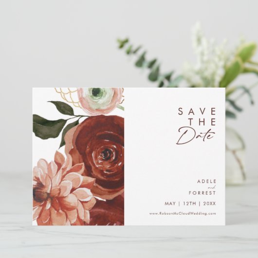 Marsala Autumn Floral | Weißes Horizontal Save The Date (Stehend Vorderseite)