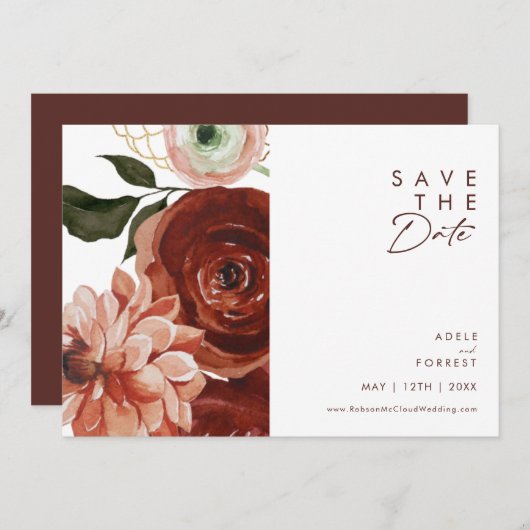 Marsala Autumn Floral | Weißes Horizontal Save The Date (Vorne/Hinten)