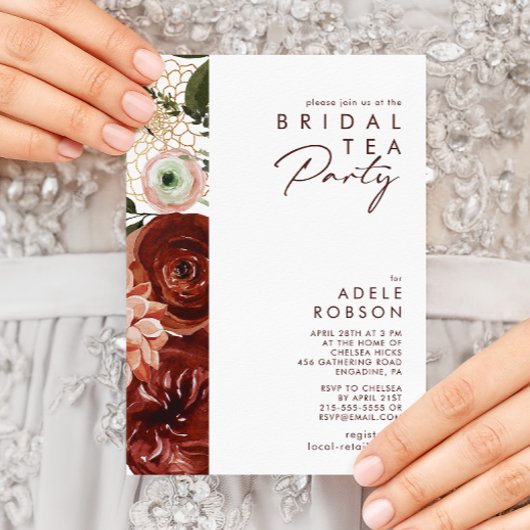 Marsala Autumn Floral | White Bridal Tee Party Einladung