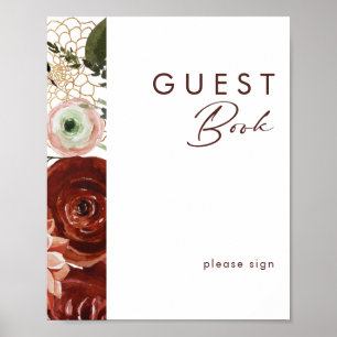 Marsala Autumn Floral   White Guest Book Sign Poster