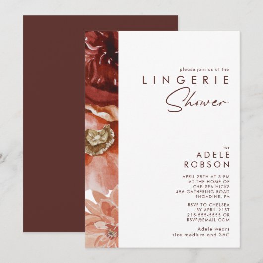Marsala Autumn Floral | White Lingerie Dusche Einladung (Vorne/Hinten)