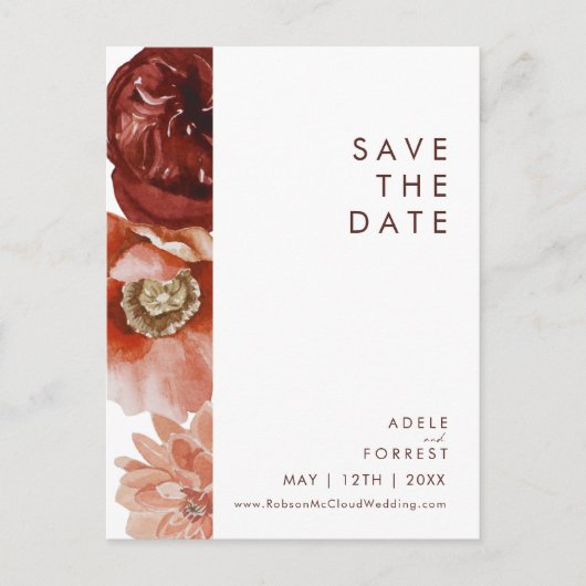 Marsala Autumn Floral White Save the Date Postcard Einladungspostkarte (Vorderseite)