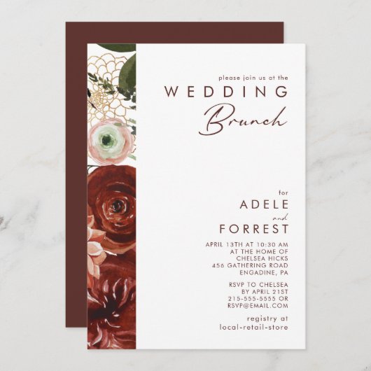 Marsala Autumn Floral | White Wedding Brunch Einladung (Vorne/Hinten)